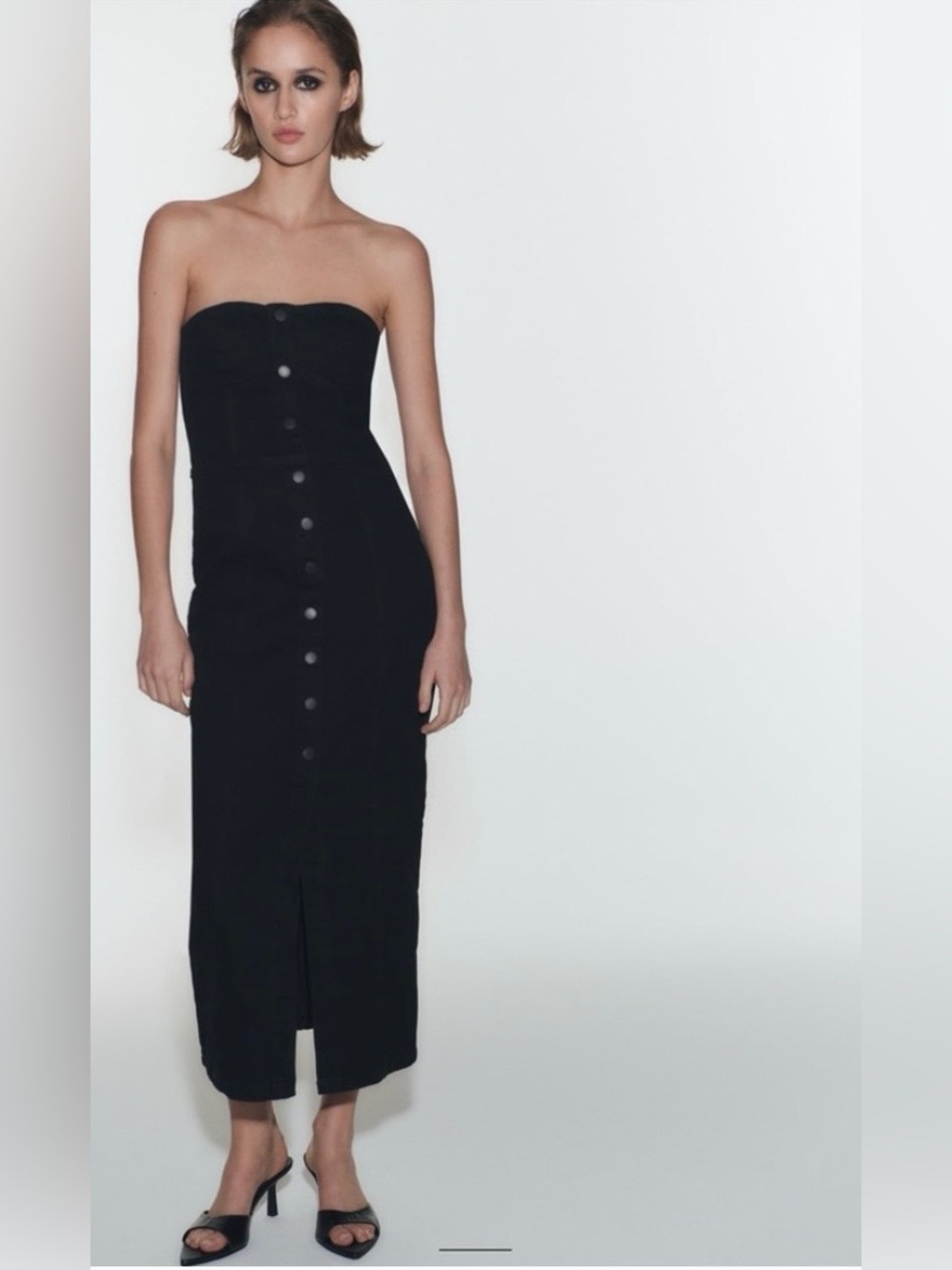 Zara Dress Black Denim Bustier Strapless Button Front Split Midi Size XS